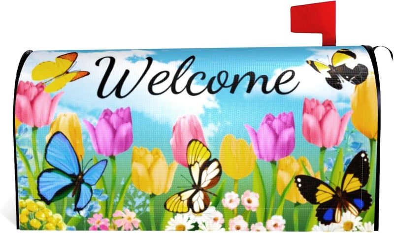 ARKUKT Summer Spring Flowers Mailbox Cover Magnetic Welcome Tulip Butterflies Mailbox Wraps Post Letter Box Cover for Garden Yard Home Decor Standard Size 21" x 18" - Image 1