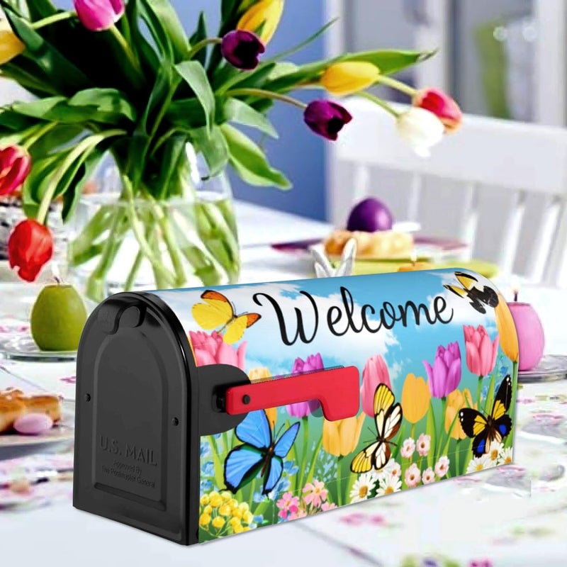 ARKUKT Summer Spring Flowers Mailbox Cover Magnetic Welcome Tulip Butterflies Mailbox Wraps Post Letter Box Cover for Garden Yard Home Decor Standard Size 21" x 18" - Image 2