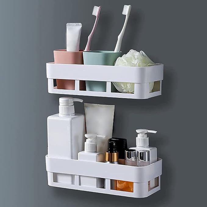 GETZET Multipurpose Plastic 2 Pc Bathroom and Kitchen Shelf Wall Mounted Holder Storage Rack Super Adhesive Bathroom Shower Accessories Rack Organizer. - Image 1