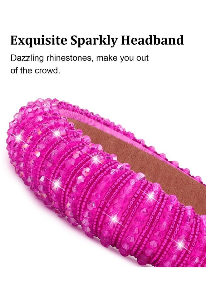 Loquat 2Pcs Pink Rose Red Rhinestone Headbands Women Girls Crystal Beaded Headband Fashion Cute Bling Sparkly Diamond Padded Thick Puffy Headbands Holiday Hair Accessories For Women Girls Gifts - Image 5