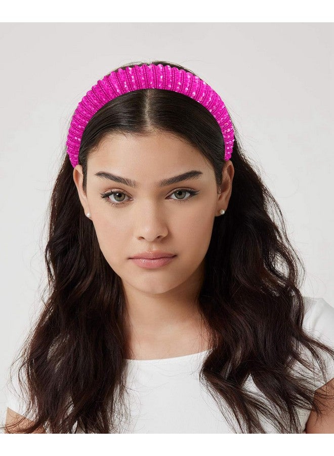 Loquat 2Pcs Pink Rose Red Rhinestone Headbands Women Girls Crystal Beaded Headband Fashion Cute Bling Sparkly Diamond Padded Thick Puffy Headbands Holiday Hair Accessories For Women Girls Gifts - Image 4