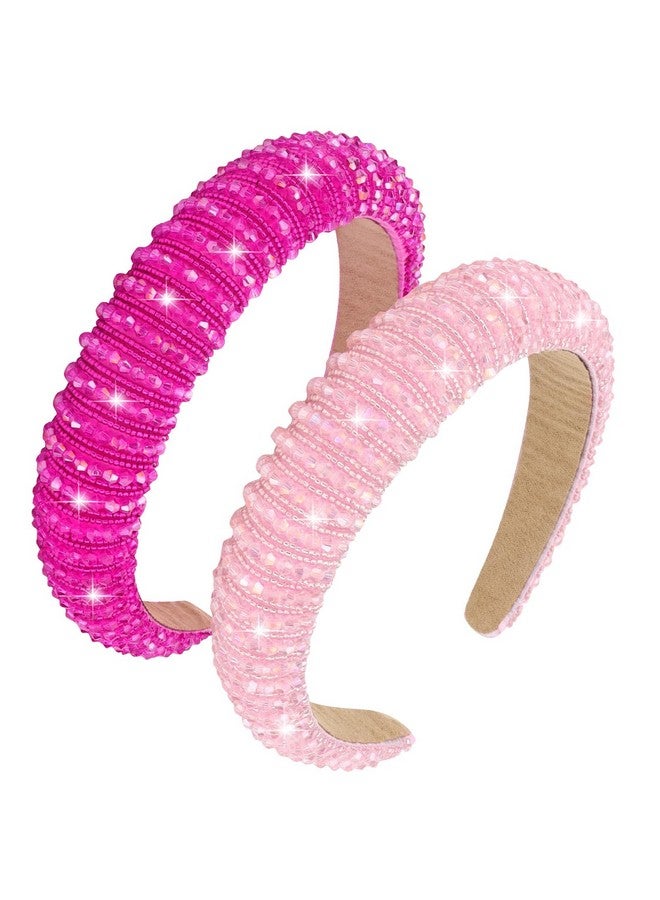 Loquat 2Pcs Pink Rose Red Rhinestone Headbands Women Girls Crystal Beaded Headband Fashion Cute Bling Sparkly Diamond Padded Thick Puffy Headbands Holiday Hair Accessories For Women Girls Gifts - Image 1
