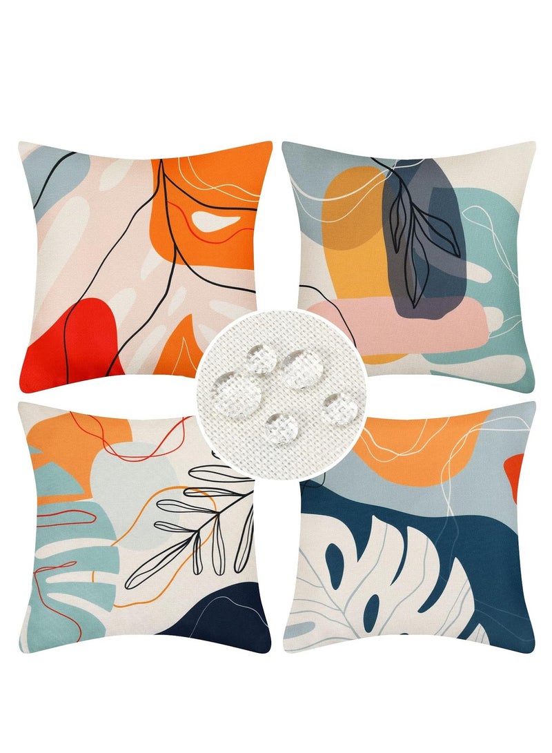 KASTWAVE 4Pcs Boho Cushion Covers, Outdoor Waterproof Linen Throw Pillowcases, Decorative Throw Pillow Covers, Modern Abstract Leaves Art, Mid Century Decorative Pillow Covers, Square Cushion Case - Image 1