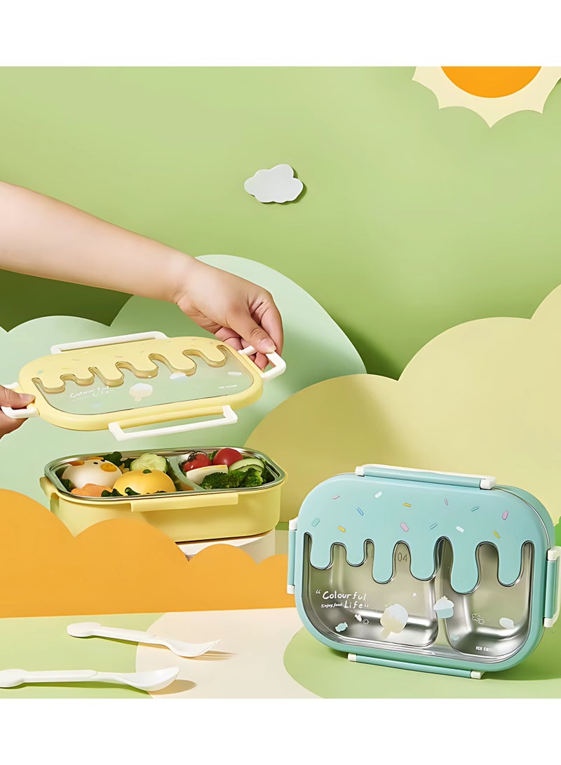 Twisoo Creative 2 Compartment Stainless Steel Lunch Box BPA Free Leakproof Clip Lock Ideal for Ice Cream and Steel Food Container Kids School Lunch box (Yellow ) - Image 2
