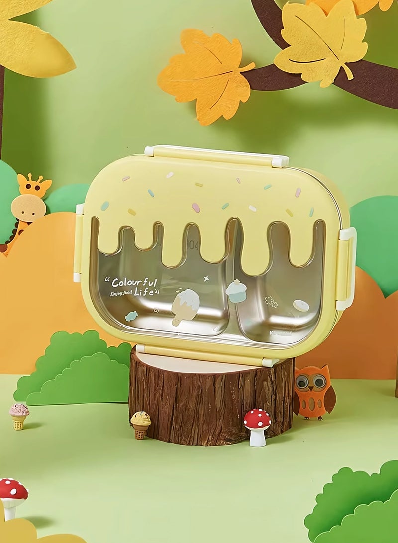 Twisoo Creative 2 Compartment Stainless Steel Lunch Box BPA Free Leakproof Clip Lock Ideal for Ice Cream and Steel Food Container Kids School Lunch box (Yellow ) - Image 3