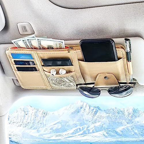 SARTE Car Sun Visor Organizer Multi-Function Car Space with Multi-Pocket Net Zipper Car Storage Organizer and Sunglass Holder PU Leather for Car (Beige) - Image 1