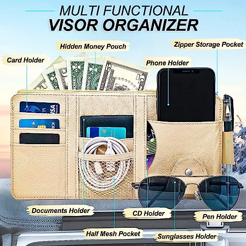 SARTE Car Sun Visor Organizer Multi-Function Car Space with Multi-Pocket Net Zipper Car Storage Organizer and Sunglass Holder PU Leather for Car (Beige) - Image 2