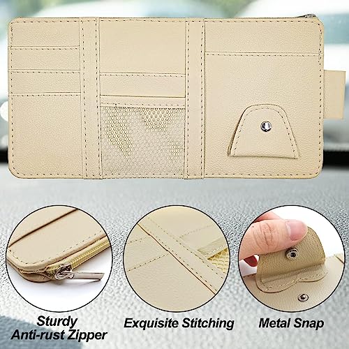 SARTE Car Sun Visor Organizer Multi-Function Car Space with Multi-Pocket Net Zipper Car Storage Organizer and Sunglass Holder PU Leather for Car (Beige) - Image 5