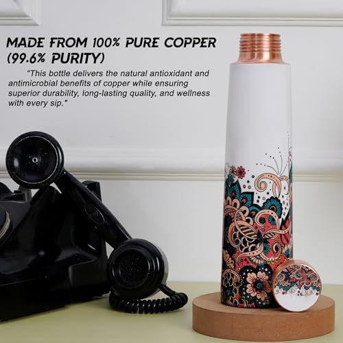 COBRIZO 100% Pure Copper Floral Print Designer Water Bottle with Ayurvedic Benefits Rustproof & Leakproof Copper Bottle for Home School Gym Travel Bottle Drinkware & Storage Purpose 900 ml - Image 4