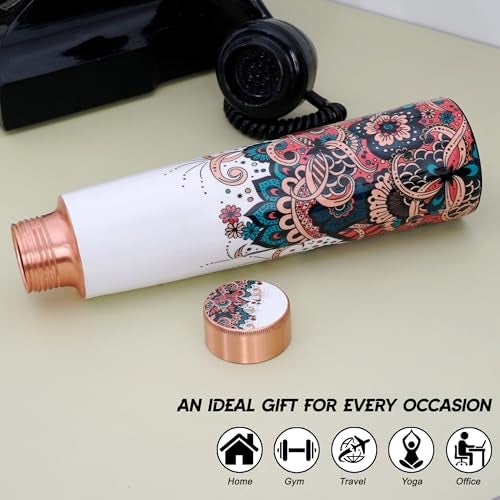 COBRIZO 100% Pure Copper Floral Print Designer Water Bottle with Ayurvedic Benefits Rustproof & Leakproof Copper Bottle for Home School Gym Travel Bottle Drinkware & Storage Purpose 900 ml - Image 5