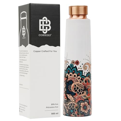 COBRIZO 100% Pure Copper Floral Print Designer Water Bottle with Ayurvedic Benefits Rustproof & Leakproof Copper Bottle for Home School Gym Travel Bottle Drinkware & Storage Purpose 900 ml - Image 1