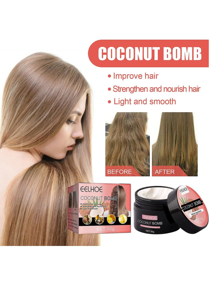 EELHOE قناع الشعر المغذي بقنبلة جوز الهند، قناع شعر جوز الهند المغذي، قناع إصلاح الشعر السحري بالكيراتين الفوري بقنبلة جوز الهند، بلسم عميق طبيعي للشعر الجاف والتالف - Image 2