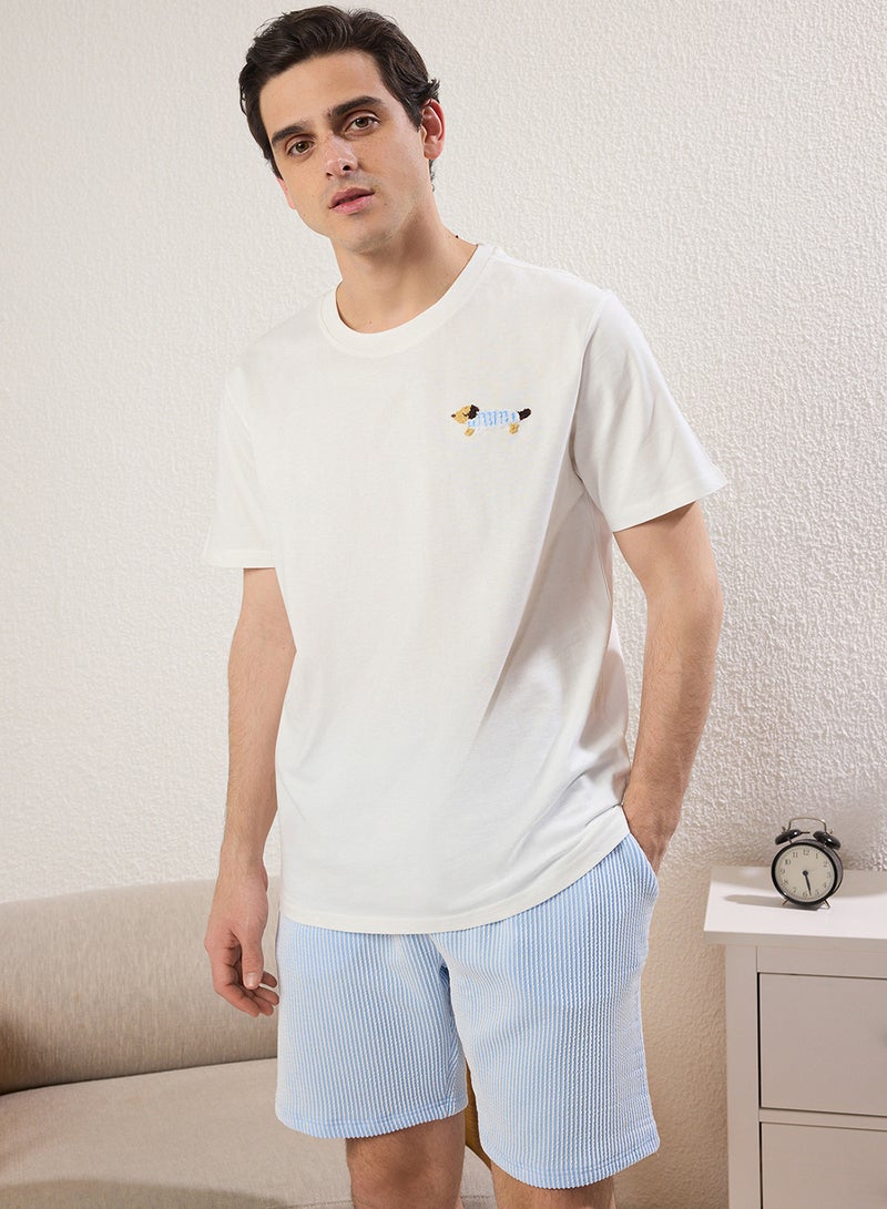 trendyol Ecru Blue Striped Dog Embroidery Unisex Knitted Pajamas Set - Regular Fit Tmnss25Pt00007 - Image 1