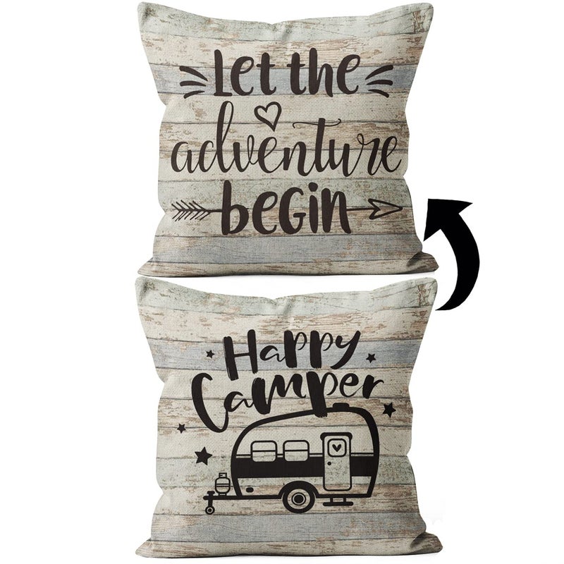 MQizi Happy Camper Decor Pillow Cover  Reversible 18x18 Camper Decorations for Inside Perfect Gifts for RV Owners