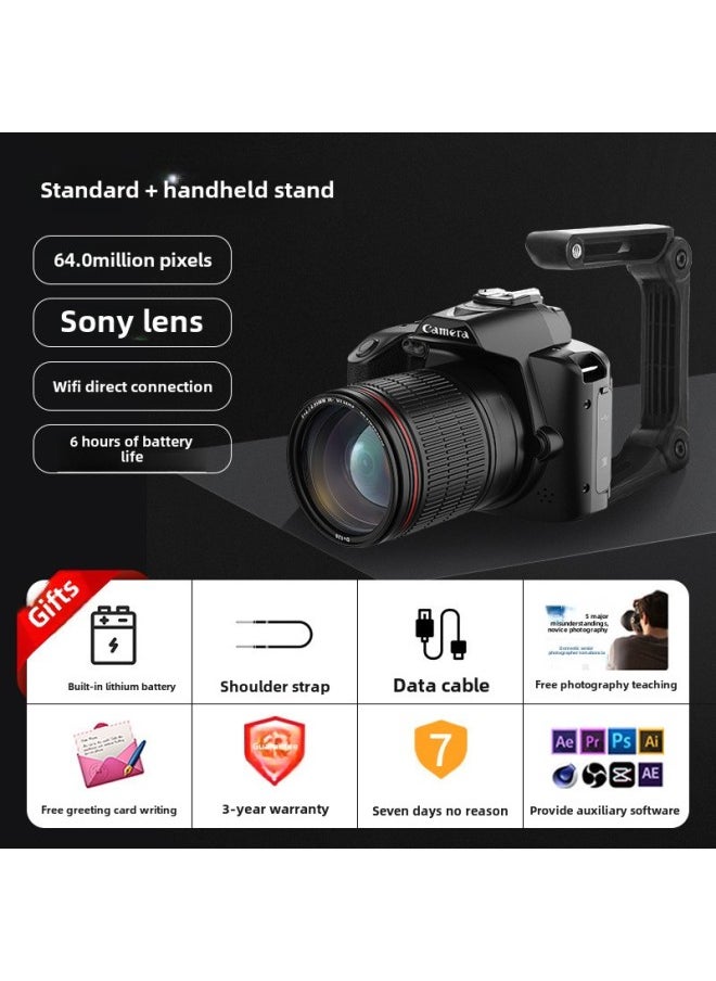 Generic 6400w HD Pixel Student Entry Level Micro Single Self-timer Vlog Small SLR Travel Digital Camera-Body Color:D5 Black Night Vision Version Comes Standard + Handheld Stand - Package Four✦✦  - Image 1