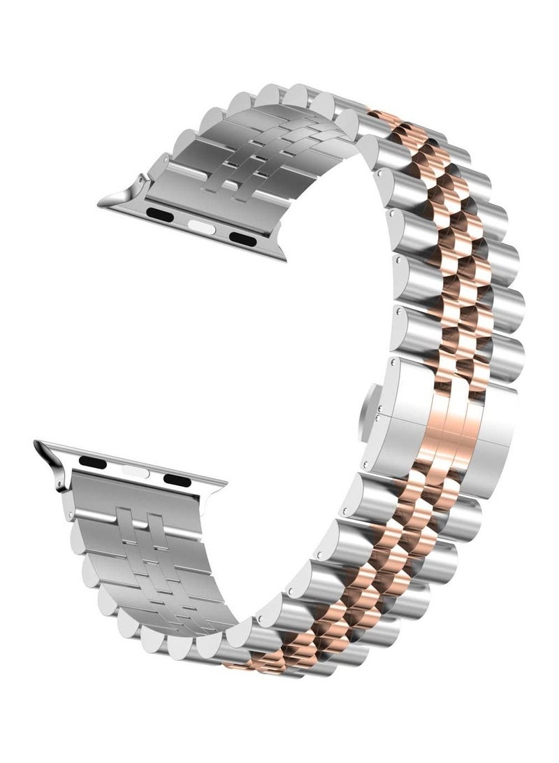 ELTRAZONE Compatible with Apple Watch Band 41mm 40mm 38mm, Stainless Steel Heavy Band with Butterfly Folding Clasp Link Bracelet for iWatch Series8/7/6/SE Series 5/4/3/Men Women ,Silver/Rose Gold - Image 2