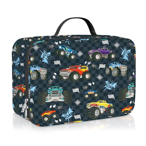 Clastyle Black Race Car Insulated Lunch Bag for Kids Boy Colourful Trucks Portable Large Thermal Cooler Lunch Box Bag for School