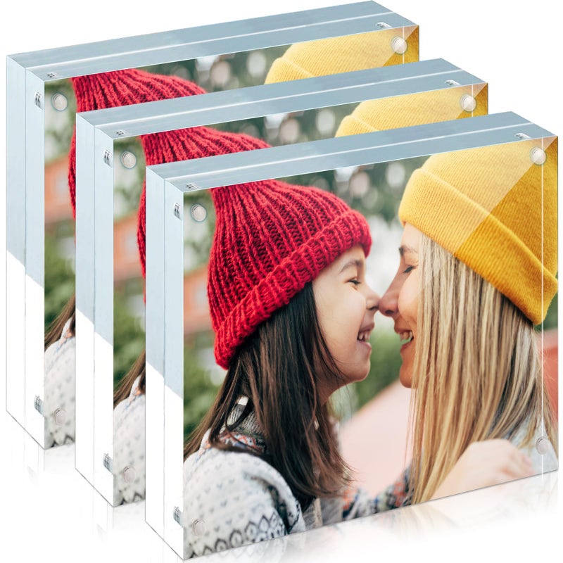 ILYXY 3 Pack Acrylic Frame 4x4  20% Thicker  20mm Thick Frameless Clear Picture Frame  Double Sided Magnetic Photo Frame  Free Standing Desktop Display Stand Acrylic Picture Frames - Image 1