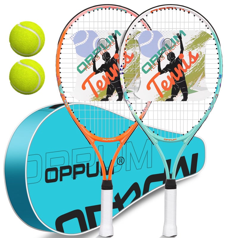 OPPUM 2-Pack Kids Tennis Racket Set, 16 21 23 25 Inch Junior Racquets for Boys Girls, Lightweight Aluminum Starter Kit with Shoulder Bag and 2 Balls - Image 1