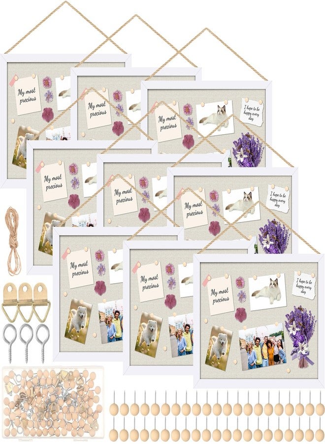 Teling 9 Pack Wood Bulletin Boards with Linen 12''x 16'' Cork Board for Walls with 90 Pushpin Decorative Wood Framed Display for School Office Home Decor (White) - Image 1