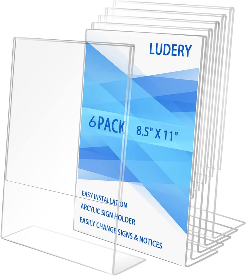 Ludery 8.5x11 Inches Acrylic Sign Slant Back Holder, Plastic Display Stand,Brochure Holder, Table Top Sign Holder For Office, Home, Store, Restaurant… (6pack) - Image 1