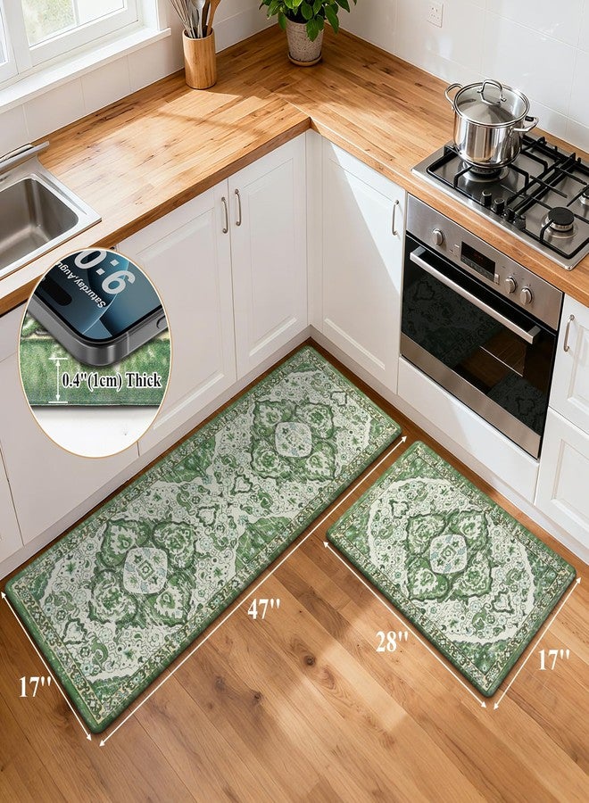 Ileading Kitchen Anti Fatigue Mat Set of 2 Non Skid Waterproof Kitchen Floor Mat Vintage Cushioned Comfort Standing Mat Boho Kitchen Rug Runner for Kitchen Sink Laundry, 17"x47"+17"x28", Green - Image 2