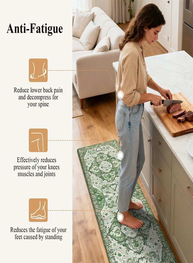 Ileading Kitchen Anti Fatigue Mat Set of 2 Non Skid Waterproof Kitchen Floor Mat Vintage Cushioned Comfort Standing Mat Boho Kitchen Rug Runner for Kitchen Sink Laundry, 17"x47"+17"x28", Green - Image 3