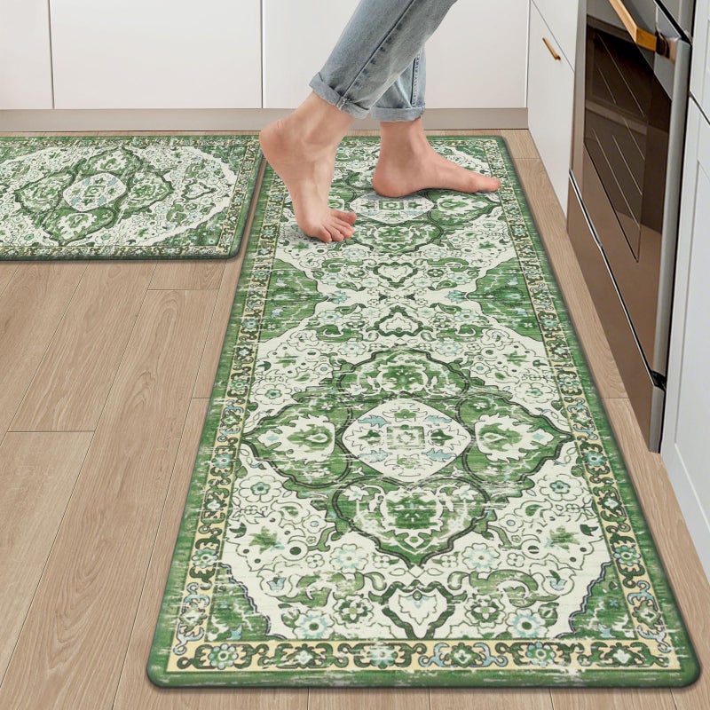 Ileading Kitchen Anti Fatigue Mat Set of 2 Non Skid Waterproof Kitchen Floor Mat Vintage Cushioned Comfort Standing Mat Boho Kitchen Rug Runner for Kitchen Sink Laundry, 17"x47"+17"x28", Green - Image 1