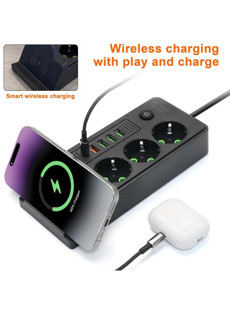 مشترك كهرباء ذكي (Safety Power Socket)  - بقوة 2500 وات مع منافذ + شحن USB وقاعدة شحن لاسلكي - Image 2