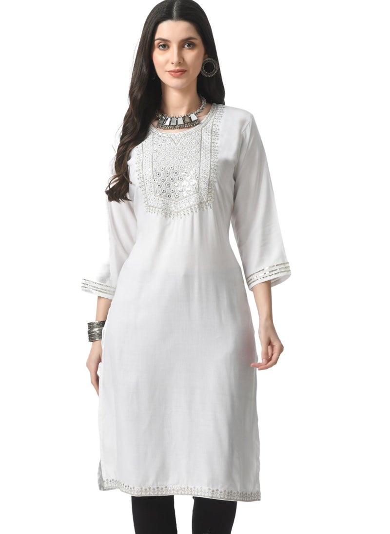 LIBOZA Store LIBOZA Kurta for Women – Embroidered Ladies Kurti, Stylish Girls Top, Ethnic Full Kurtas, Straight Design Kurtis for Woman White - Image 1