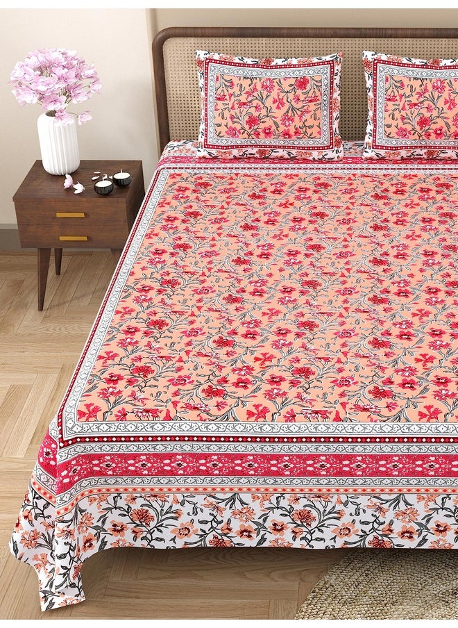راجاستانكارت ملاءة سرير راجاستان كارت من القطن الخالص 180 خيطًا بحجم كينج مع غطائي وسادة - 90 × 108 (مناسبة لملاءة سرير بحجم كينج أو سرير مزدوج، برتقالي) PSP101  - Image 3