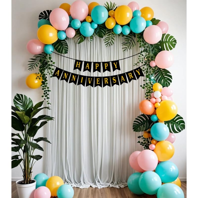 ARV Anniversary Decoration Kit Happy Anniversary Backdrop 50 Pcs Multi Color Pastle Balloons 3 Pcs leaves Curtain Arch for weddings Parties and Special Occasions 59 Pcs Kit  - Image 1