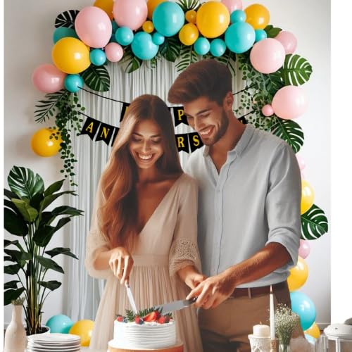 ARV Anniversary Decoration Kit Happy Anniversary Backdrop 50 Pcs Multi Color Pastle Balloons 3 Pcs leaves Curtain Arch for weddings Parties and Special Occasions 59 Pcs Kit  - Image 2