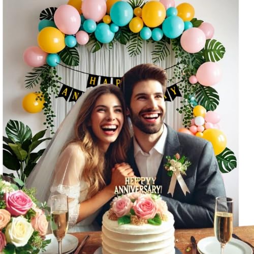 ARV Anniversary Decoration Kit Happy Anniversary Backdrop 50 Pcs Multi Color Pastle Balloons 3 Pcs leaves Curtain Arch for weddings Parties and Special Occasions 59 Pcs Kit  - Image 3