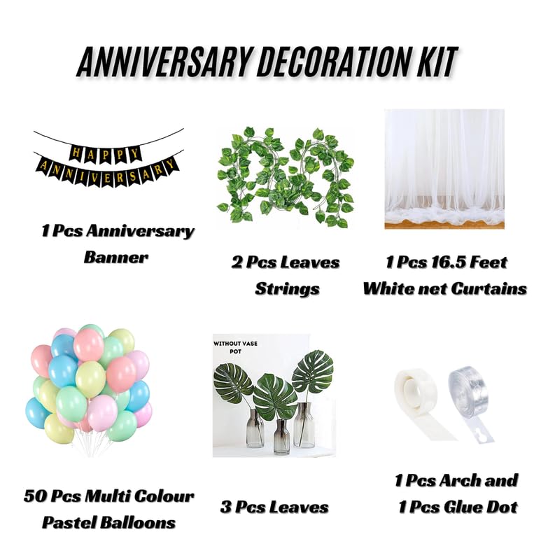 ARV Anniversary Decoration Kit Happy Anniversary Backdrop 50 Pcs Multi Color Pastle Balloons 3 Pcs leaves Curtain Arch for weddings Parties and Special Occasions 59 Pcs Kit  - Image 4
