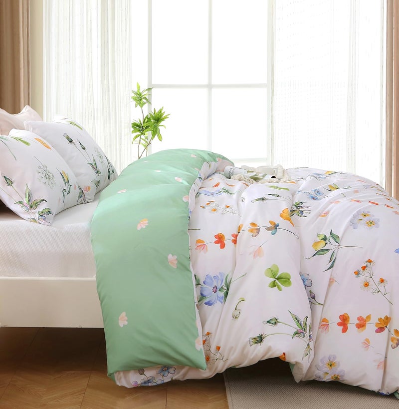 MUXHOMO Duvet Cover Queen Size, Reversible Floral Multicolor Duvet Cover Set with Zipper Closure, 3 Pieces Botanical Patterns Soft Microfiber Bedding Set with 4 Ties (90"x90", 2 Pillow Cases) - Image 4