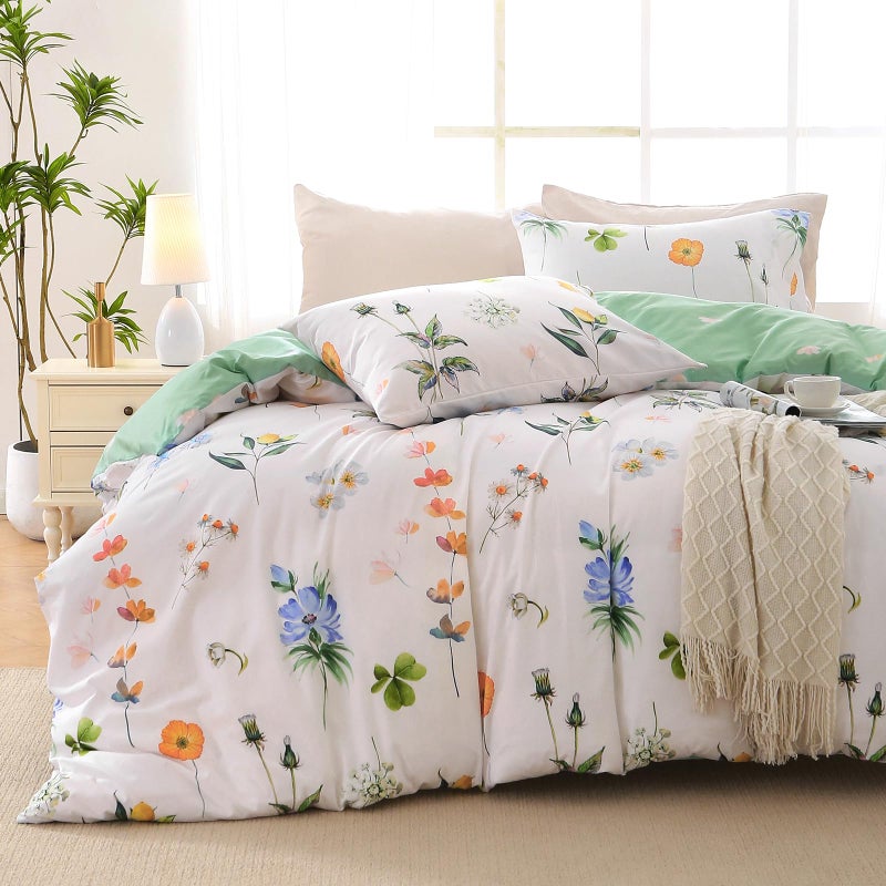 MUXHOMO Duvet Cover Queen Size, Reversible Floral Multicolor Duvet Cover Set with Zipper Closure, 3 Pieces Botanical Patterns Soft Microfiber Bedding Set with 4 Ties (90"x90", 2 Pillow Cases) - Image 1
