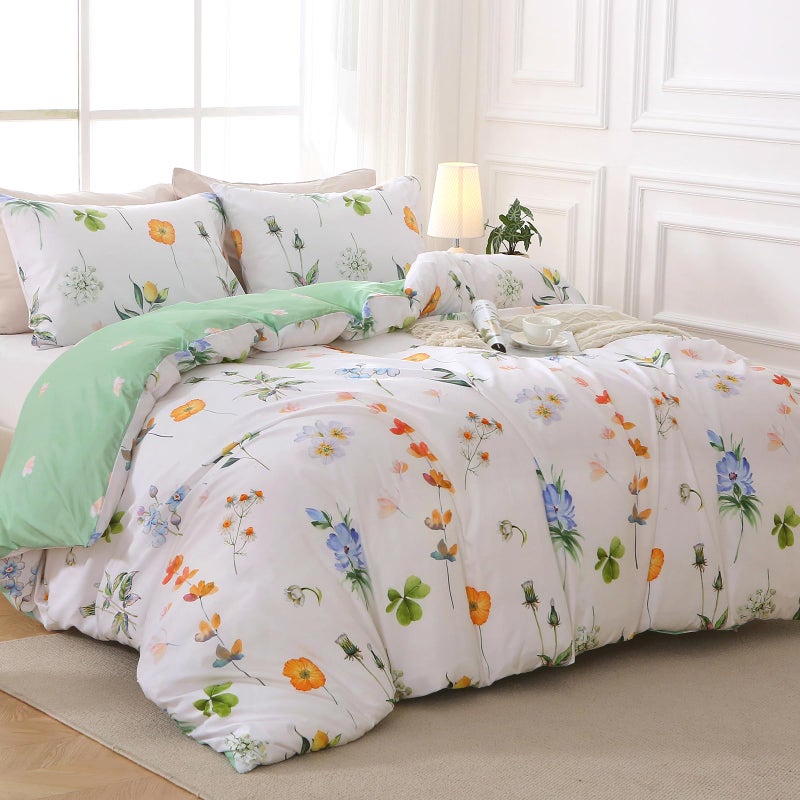 MUXHOMO Duvet Cover Queen Size, Reversible Floral Multicolor Duvet Cover Set with Zipper Closure, 3 Pieces Botanical Patterns Soft Microfiber Bedding Set with 4 Ties (90"x90", 2 Pillow Cases) - Image 3