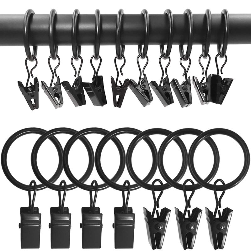 AMZSEVEN 100 Pack Metal Curtain Rings with Clips Drapery Clips with Rings Drapes Rings 1 in I D Fits Diameter 68 in Curtain Rod Black