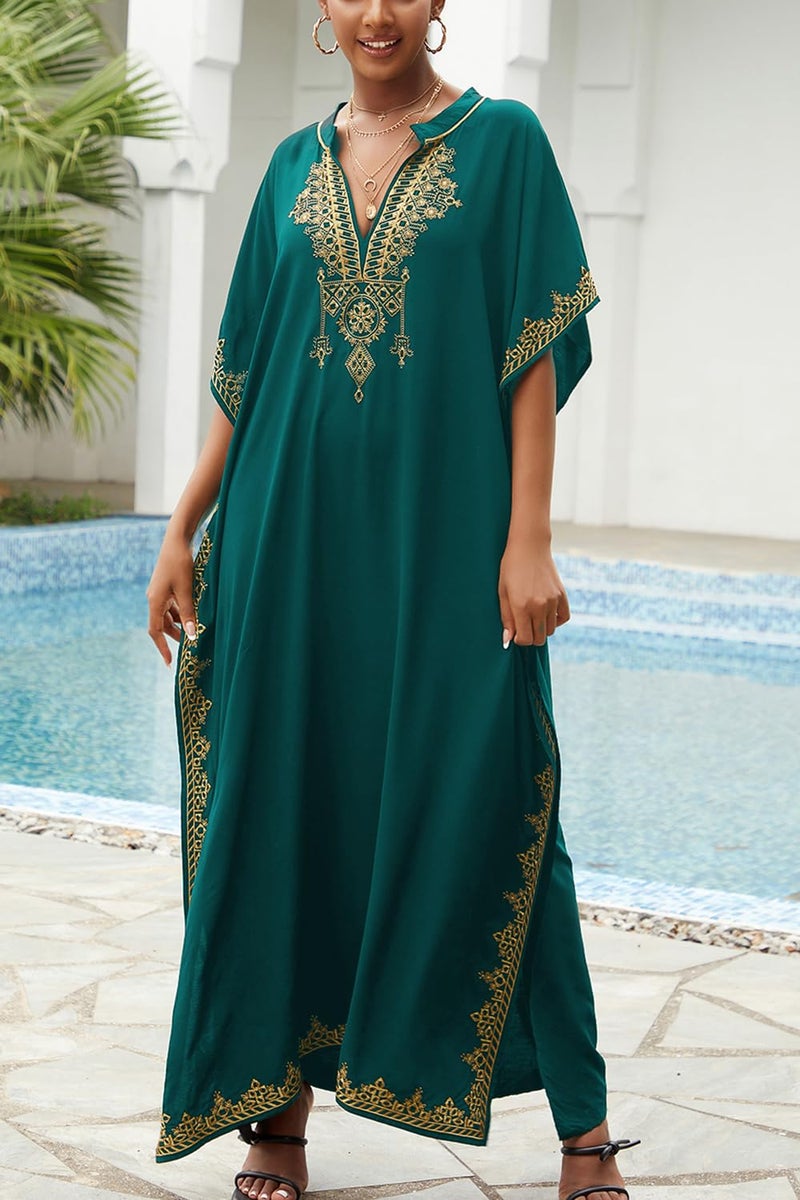 YouKD Embroidered Floral Kaftan Bohemian Beach Dress Coverups Long Bathrobes for Women C Green - Image 2