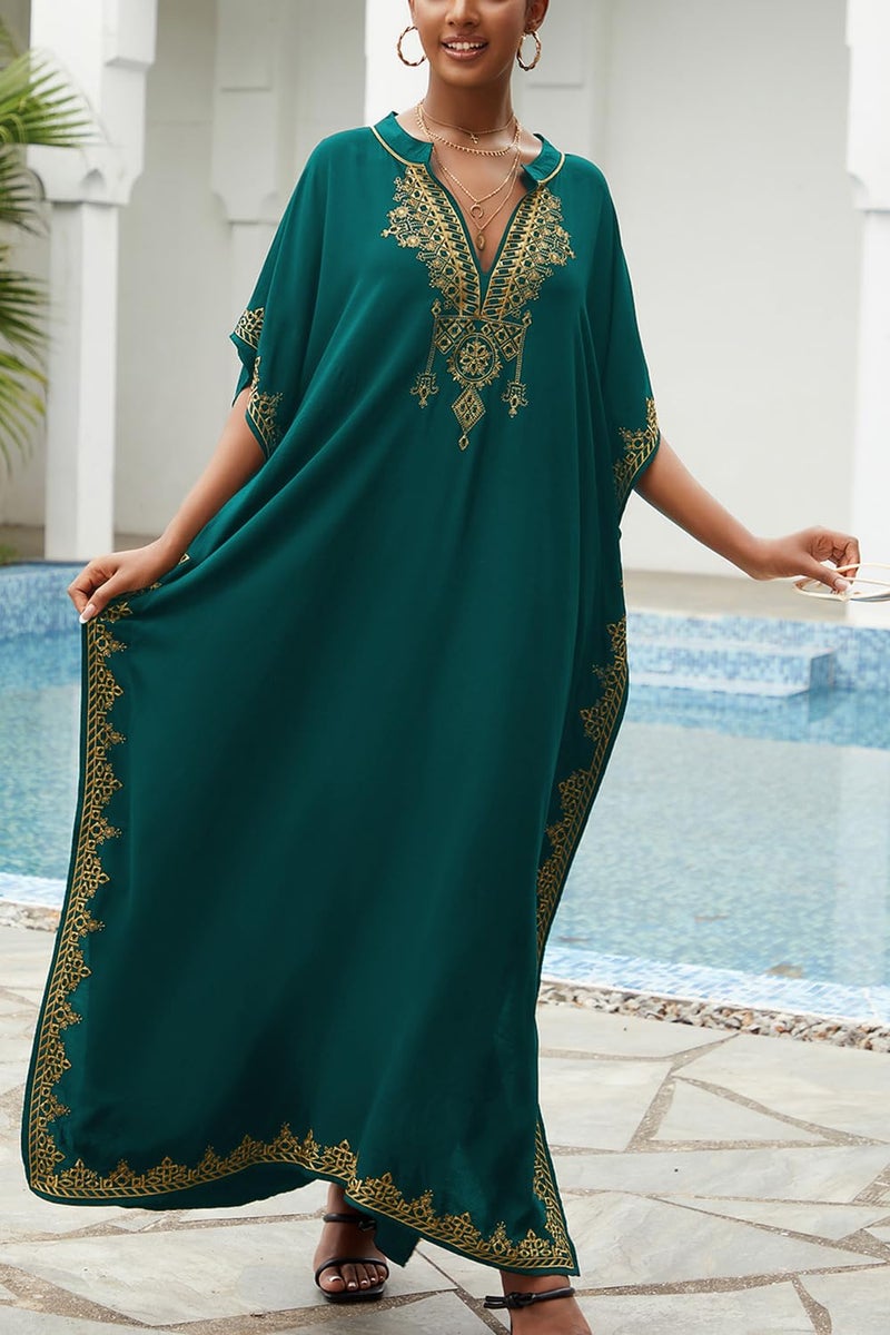 YouKD Embroidered Floral Kaftan Bohemian Beach Dress Coverups Long Bathrobes for Women C Green - Image 5