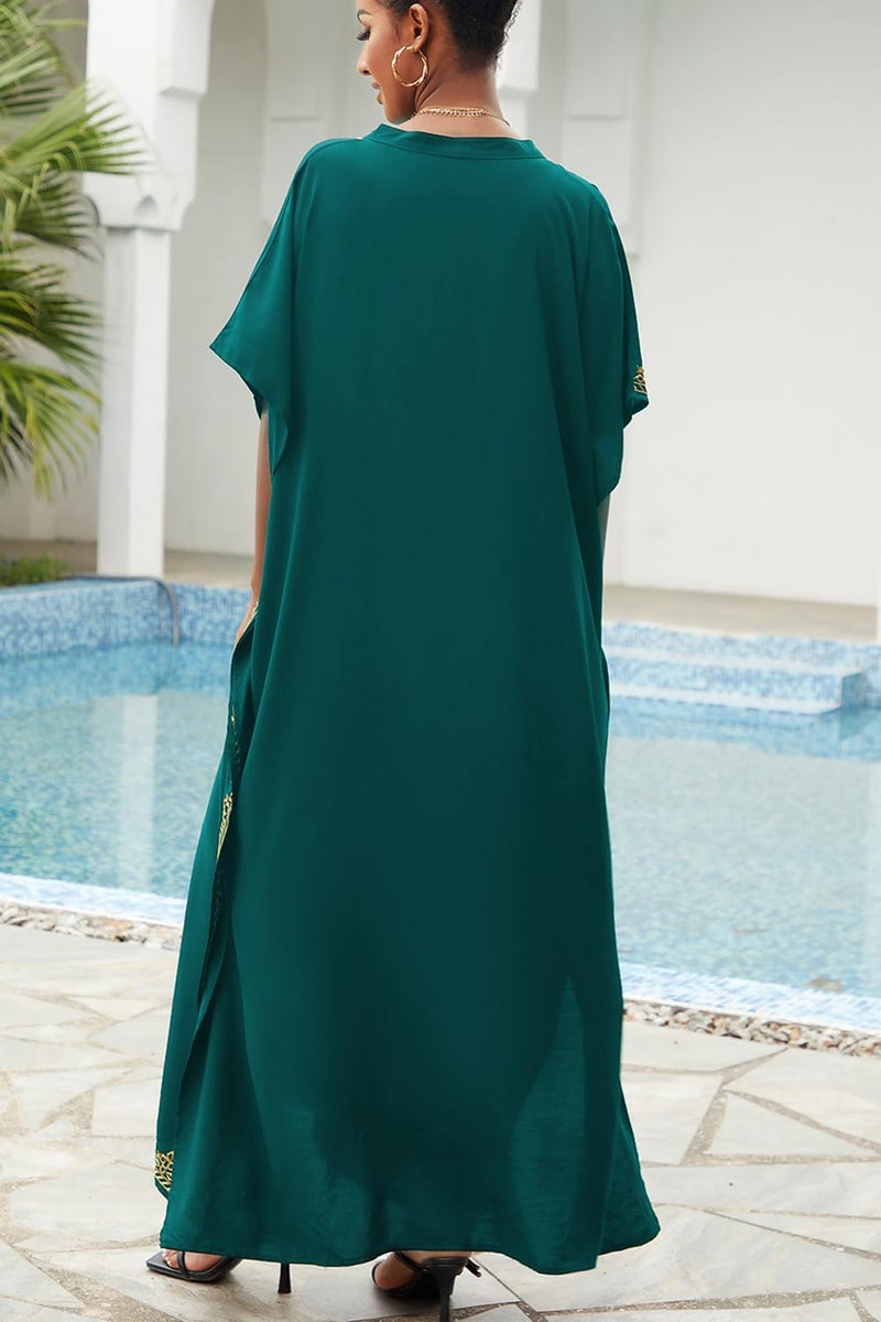 YouKD Embroidered Floral Kaftan Bohemian Beach Dress Coverups Long Bathrobes for Women C Green - Image 3