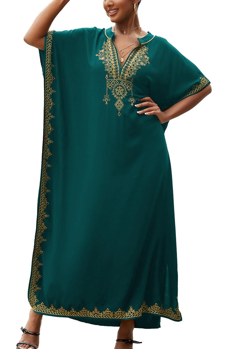 YouKD Embroidered Floral Kaftan Bohemian Beach Dress Coverups Long Bathrobes for Women C Green - Image 4