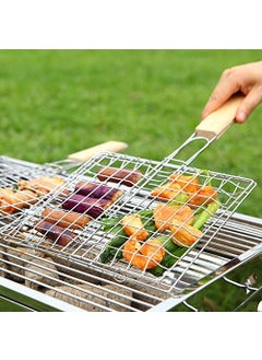 APURK APURK Stainless Steel Portable Barbecue BBQ Grill Net Grilling Tray Chromium Plated with Wooden Handle Portable Barbeque Mesh Grill BBQ Basket Pan for Vegetables Fish Shrimp  - Image 4