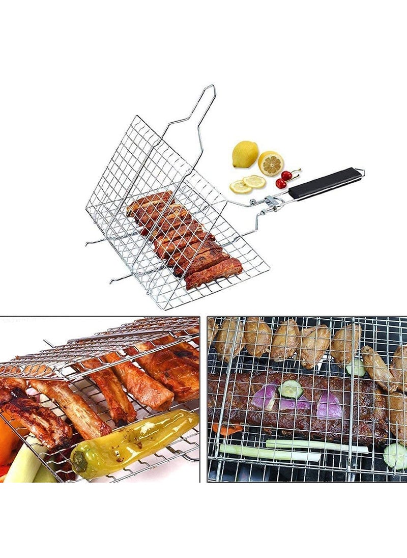 APURK APURK Stainless Steel Portable Barbecue BBQ Grill Net Grilling Tray Chromium Plated with Wooden Handle Portable Barbeque Mesh Grill BBQ Basket Pan for Vegetables Fish Shrimp  - Image 5