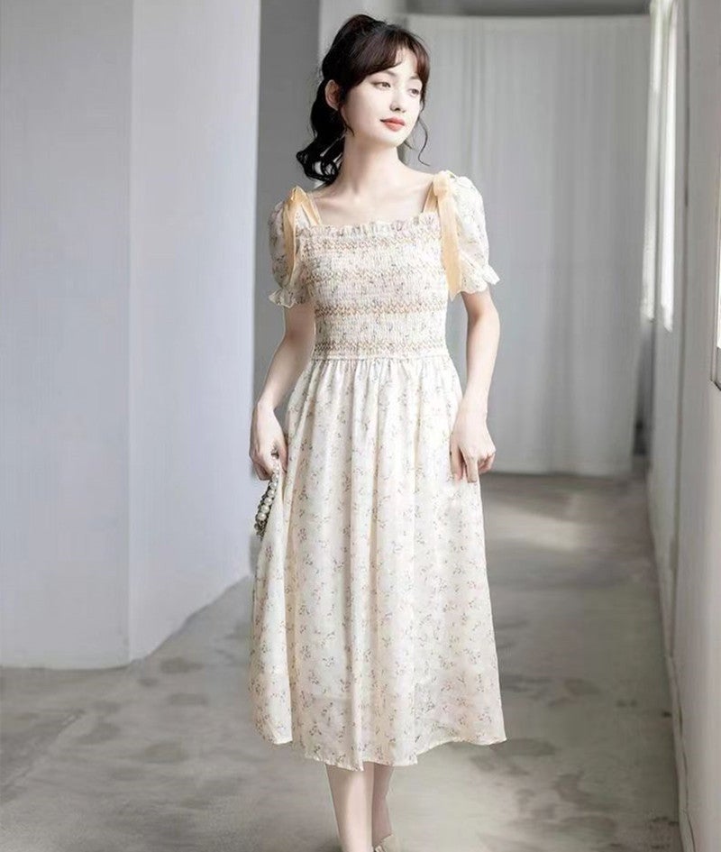 Dress 2023 New Summer Dress Childrens Design Niche French Retro Sweet Gentle Style Floral Dress Apricot