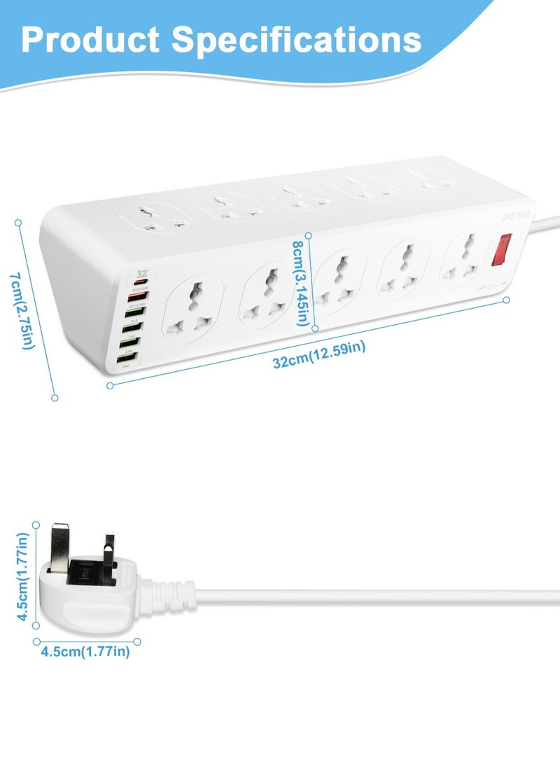 DHB tech 10-hole power extension cord with USB port [20W PD], surge protected power strip, 1 USB-C port and 5 USB ports, overload protected extension cord, 3-meter extension cord, suitable for home and office use. - Image 2