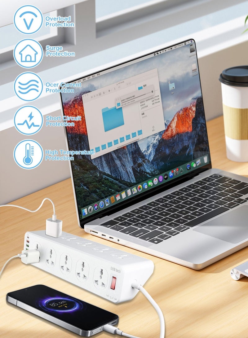 DHB tech 10-hole power extension cord with USB port [20W PD], surge protected power strip, 1 USB-C port and 5 USB ports, overload protected extension cord, 3-meter extension cord, suitable for home and office use. - Image 3