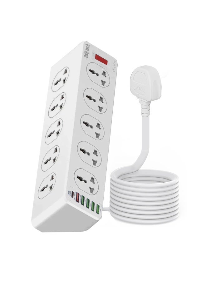 DHB tech 10-hole power extension cord with USB port [20W PD], surge protected power strip, 1 USB-C port and 5 USB ports, overload protected extension cord, 3-meter extension cord, suitable for home and office use. - Image 1