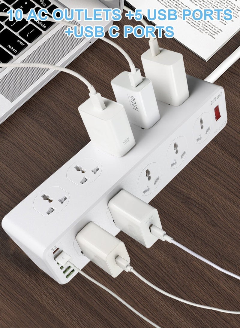 DHB tech 10-hole power extension cord with USB port [20W PD], surge protected power strip, 1 USB-C port and 5 USB ports, overload protected extension cord, 3-meter extension cord, suitable for home and office use. - Image 4